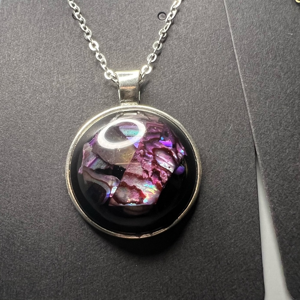 Handmade dark pink and purple abalone shell in epoxy necklace